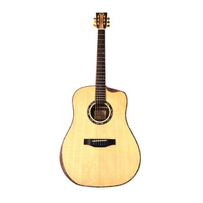 Acoustic guitar with a brand logo on a white background